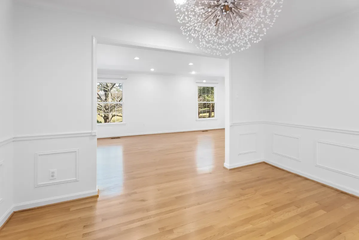 Bright dining room with chandelier